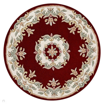 Royal Traditional Floral Aubusson Medallion Border French-Style Hand-Carved Hi-Low Textured Soft Durable Wool Red Round Rug-Melrose-Rug Love - The Most Loved Rug Store